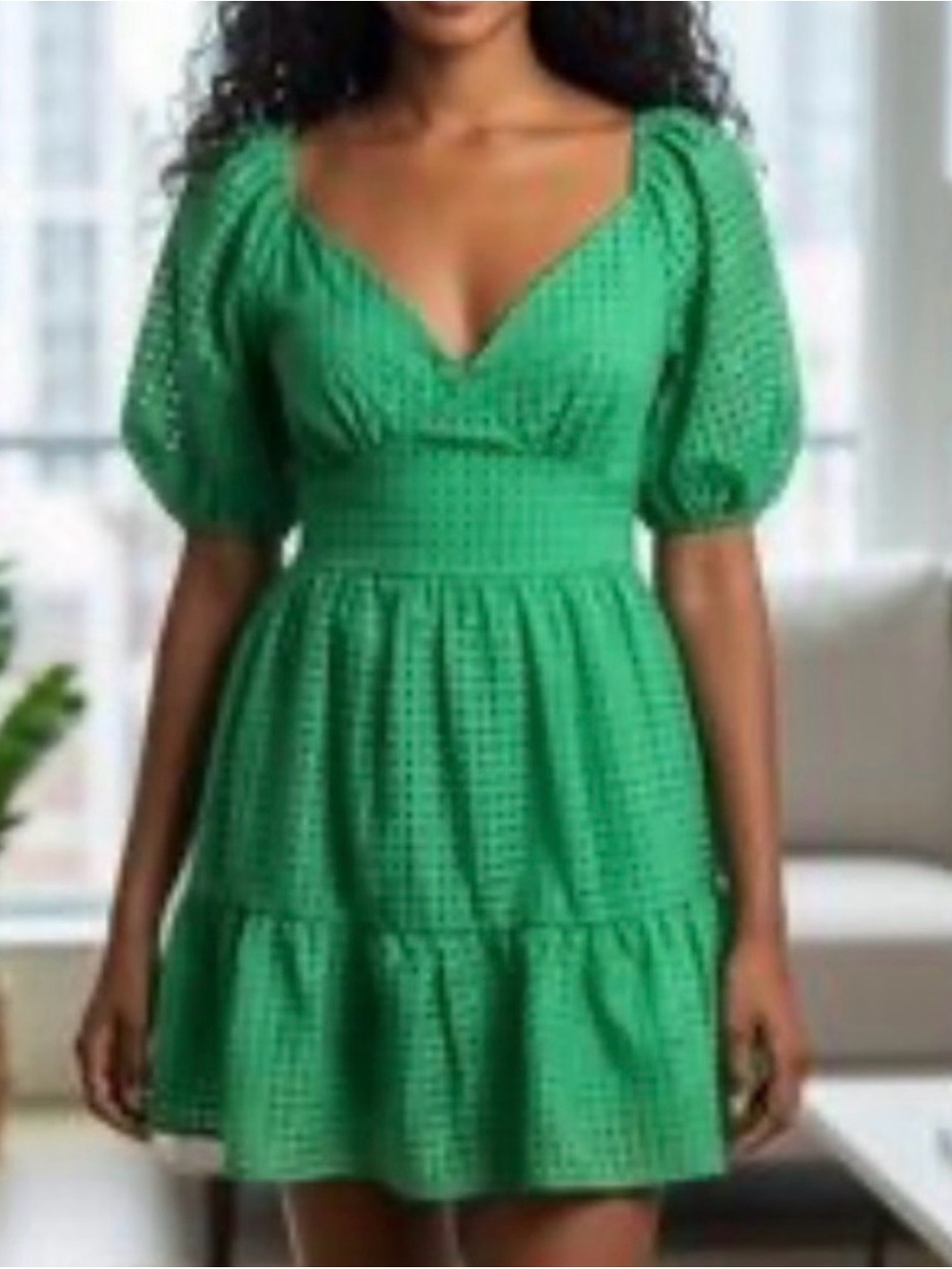 Flying Tomato -Green Puff-Sleeve Tiered Mini Dress